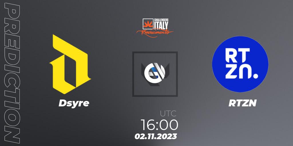 Dsyre vs RTZN: Betting TIp, Match Prediction. 02.11.2023 at 16:00. VALORANT, VALORANT Challengers 2023 Italy: ON // THE BATTLEFIELD