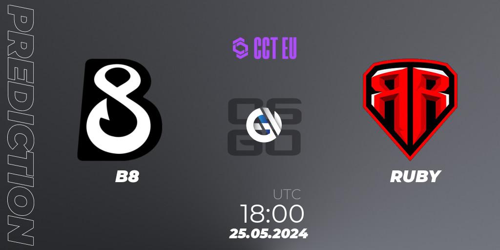 B8 vs RUBY: Betting TIp, Match Prediction. 25.05.2024 at 18:55. Counter-Strike (CS2), CCT Season 2 Europe Series 4