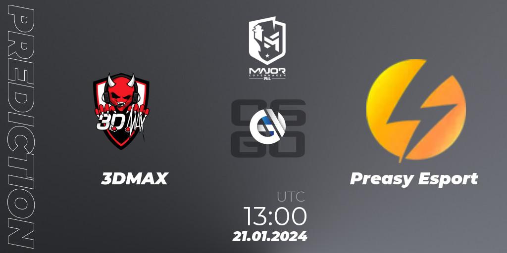 3DMAX vs Preasy Esport: Betting TIp, Match Prediction. 21.01.2024 at 13:00. Counter-Strike (CS2), PGL CS2 Major Copenhagen 2024 Europe RMR Decider Qualifier