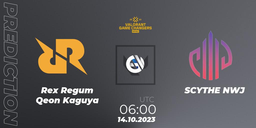 Rex Regum Qeon Kaguya vs SCYTHE NWJ: Betting TIp, Match Prediction. 14.10.2023 at 06:00. VALORANT, VCT 2023: Game Changers APAC Elite