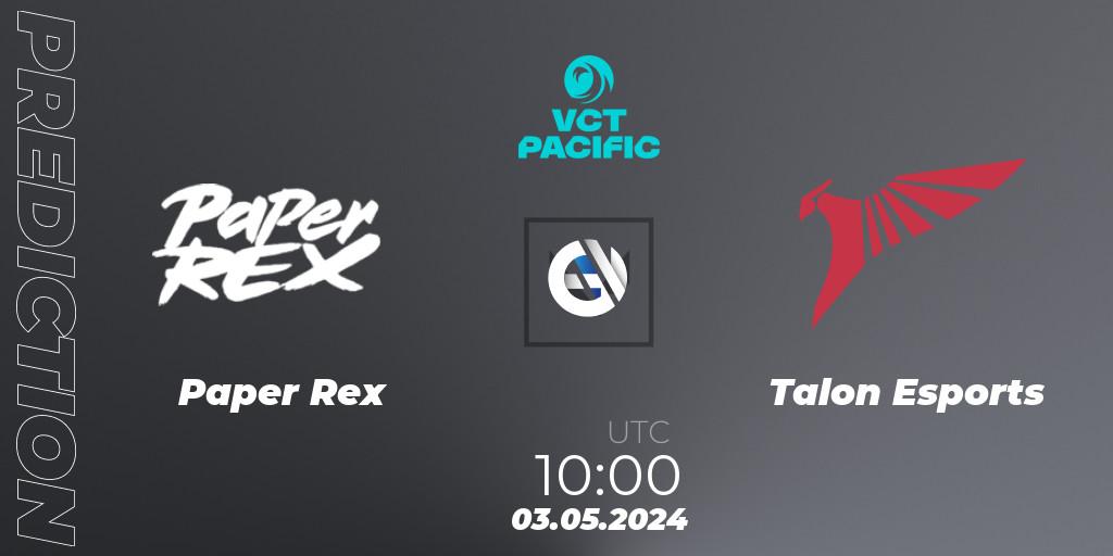 Paper Rex vs Talon Esports: Betting TIp, Match Prediction. 03.05.2024 at 10:30. VALORANT, VCT 2024: Pacific League - Stage 1