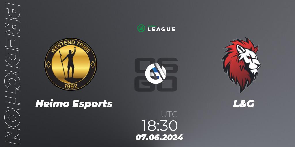 Heimo Esports vs L&G: Betting TIp, Match Prediction. 06.06.2024 at 15:00. Counter-Strike (CS2), ESEA Season 49: Main Division - Europe