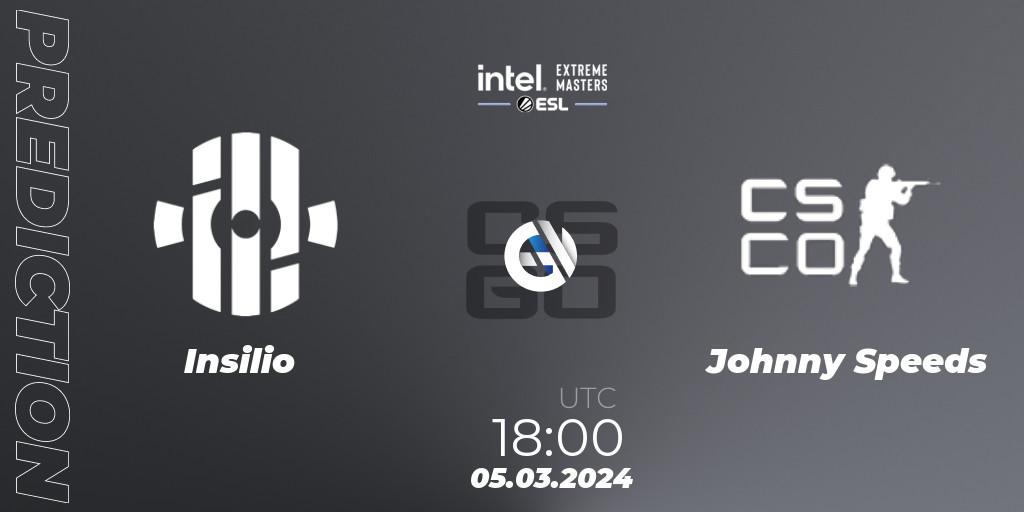 Insilio vs Johnny Speeds: Betting TIp, Match Prediction. 05.03.2024 at 18:15. Counter-Strike (CS2), Intel Extreme Masters Dallas 2024: European Open Qualifier #2