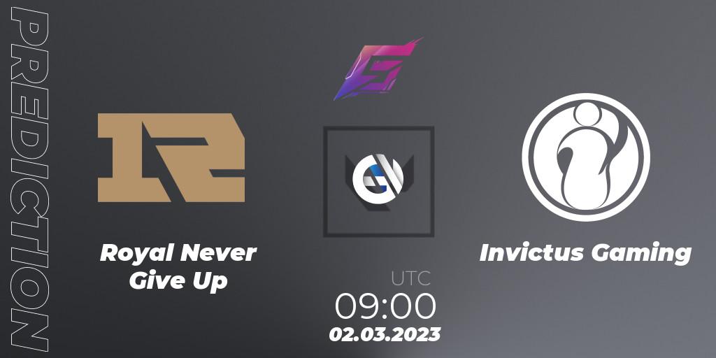 Royal Never Give Up vs Invictus Gaming: Betting TIp, Match Prediction. 02.03.2023 at 09:00. VALORANT, FGC Valorant Invitational 2023: Act 1 - Open Qualifier