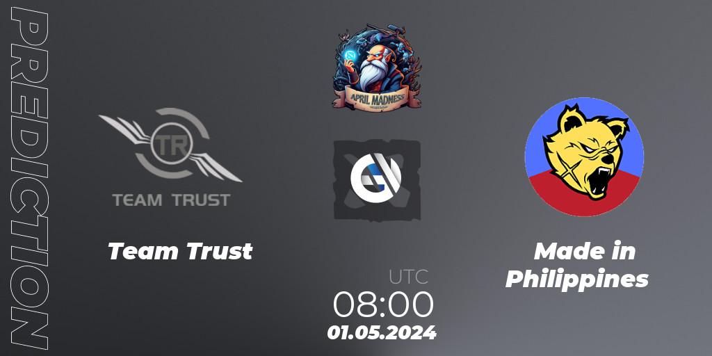 Team Trust vs Made in Philippines: Betting TIp, Match Prediction. 03.05.2024 at 10:20. Dota 2, April Madness: Dota 2 Championship