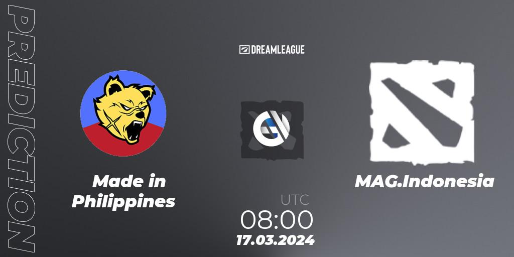Made in Philippines vs MAG.Indonesia: Betting TIp, Match Prediction. 17.03.2024 at 08:00. Dota 2, DreamLeague Season 23: Southeast Asia Open Qualifier #1