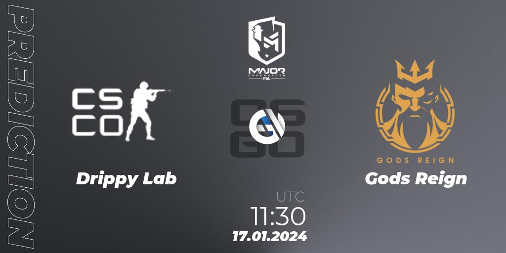 Drippy Lab vs Gods Reign: Betting TIp, Match Prediction. 17.01.2024 at 11:35. Counter-Strike (CS2), PGL CS2 Major Copenhagen 2024 Asia RMR Open Qualifier