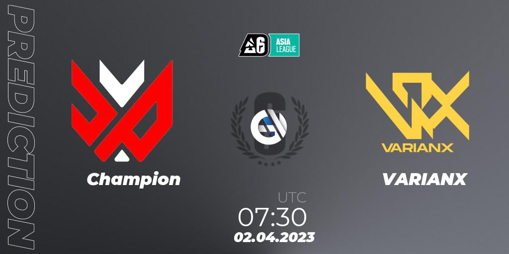 Champion vs VARIANX: Betting TIp, Match Prediction. 02.04.2023 at 07:30. Rainbow Six, SEA League 2023 - Stage 1
