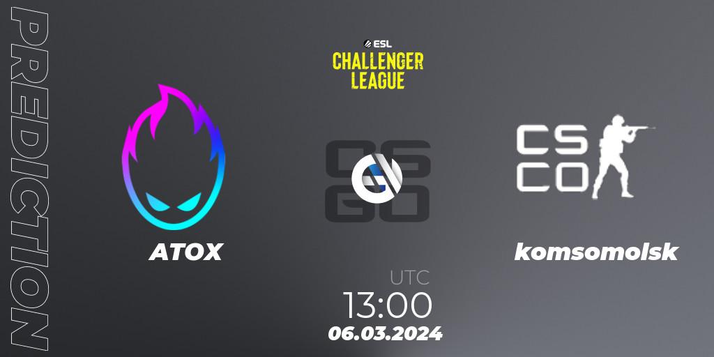 ATOX vs komsomolsk: Betting TIp, Match Prediction. 06.03.2024 at 13:00. Counter-Strike (CS2), ESL Challenger League Season 47: Asia