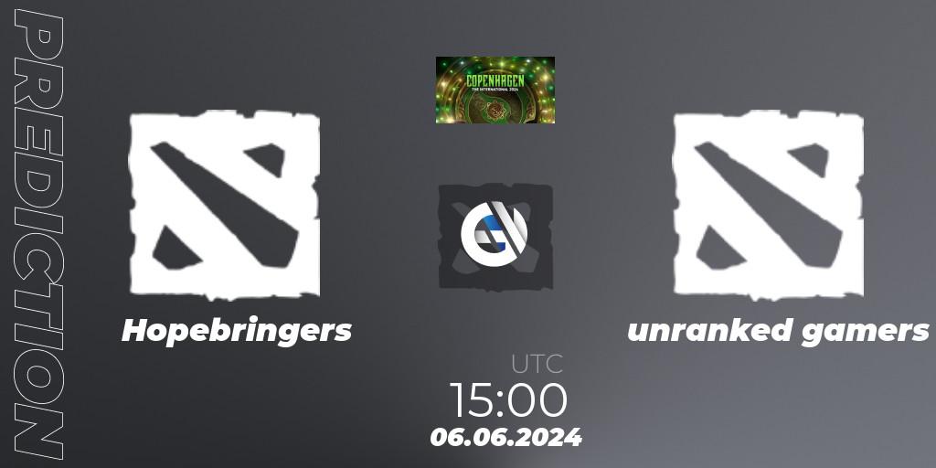 Hopebringers vs unranked gamers: Betting TIp, Match Prediction. 06.06.2024 at 15:00. Dota 2, The International 2024: Western Europe Open Qualifier #1