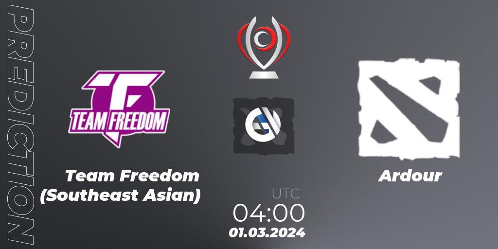 Team Freedom (Southeast Asian) vs Ardour: Betting TIp, Match Prediction. 01.03.2024 at 04:00. Dota 2, Opus League