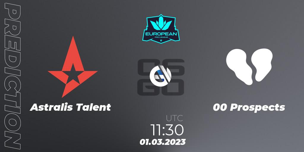 Astralis Talent vs 00 Prospects: Betting TIp, Match Prediction. 01.03.2023 at 11:30. Counter-Strike (CS2), European Pro League Season 6