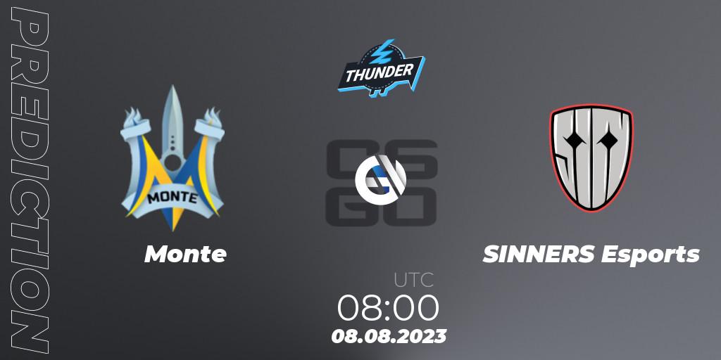 Monte vs SINNERS Esports: Betting TIp, Match Prediction. 08.08.2023 at 08:00. Counter-Strike (CS2), Thunderpick World Championship 2023: European Qualifier #1