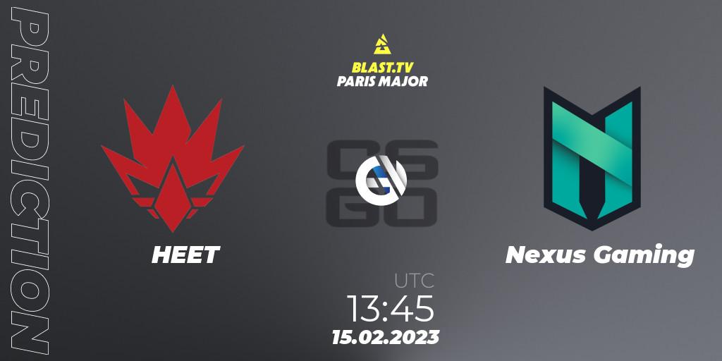 HEET vs Nexus Gaming: Betting TIp, Match Prediction. 15.02.2023 at 13:45. Counter-Strike (CS2), BLAST.tv Paris Major 2023 Europe RMR Open Qualifier 2