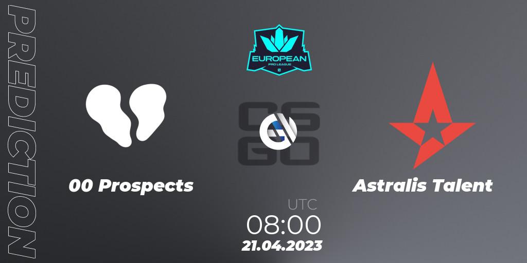 00 Prospects vs Astralis Talent: Betting TIp, Match Prediction. 21.04.2023 at 08:00. Counter-Strike (CS2), European Pro League Season 7