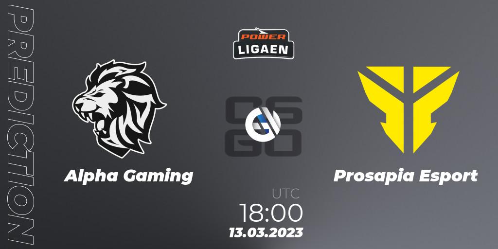Alpha Gaming vs Prosapia Esport: Betting TIp, Match Prediction. 13.03.2023 at 18:00. Counter-Strike (CS2), Dust2.dk Ligaen Season 22