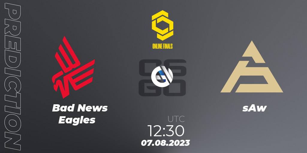 Bad News Eagles vs sAw: Betting TIp, Match Prediction. 07.08.2023 at 12:50. Counter-Strike (CS2), CCT 2023 Online Finals 2