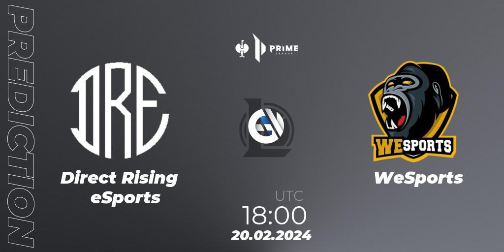 Direct Rising eSports vs WeSports: Betting TIp, Match Prediction. 20.02.2024 at 18:00. LoL, Prime League 2nd Division