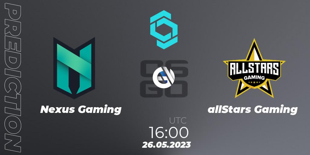 Nexus Gaming vs allStars Gaming: Betting TIp, Match Prediction. 26.05.2023 at 16:00. Counter-Strike (CS2), CCT North Europe Series 5 Closed Qualifier