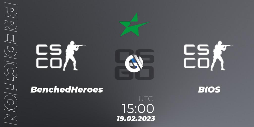 BenchedHeroes vs BIOS: Betting TIp, Match Prediction. 19.02.2023 at 15:00. Counter-Strike (CS2), ESEA Cash Cup: North America - Winter 2023 #3