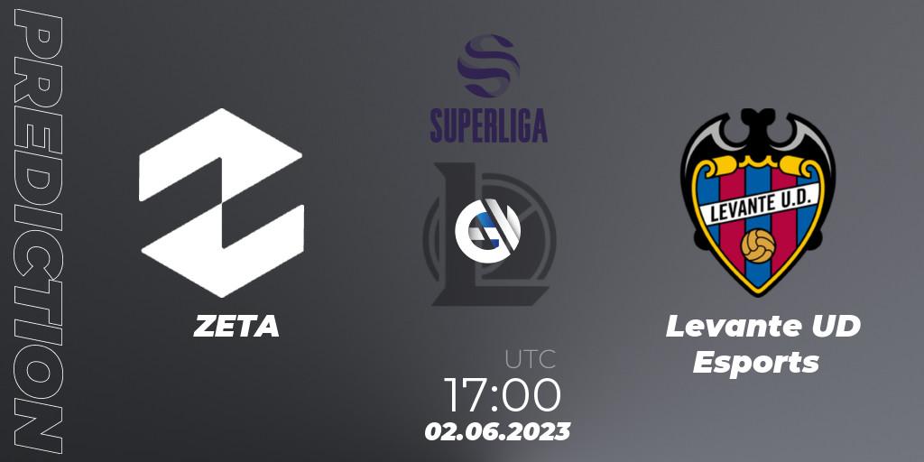 ZETA vs Levante UD Esports: Betting TIp, Match Prediction. 02.06.2023 at 16:55. LoL, LVP Superliga 2nd Division 2023 Summer