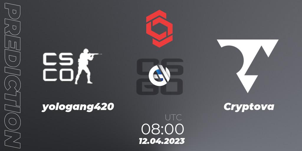 yologang420 vs Cryptova: Betting TIp, Match Prediction. 12.04.2023 at 08:00. Counter-Strike (CS2), CCT Central Europe Series #6: Closed Qualifier