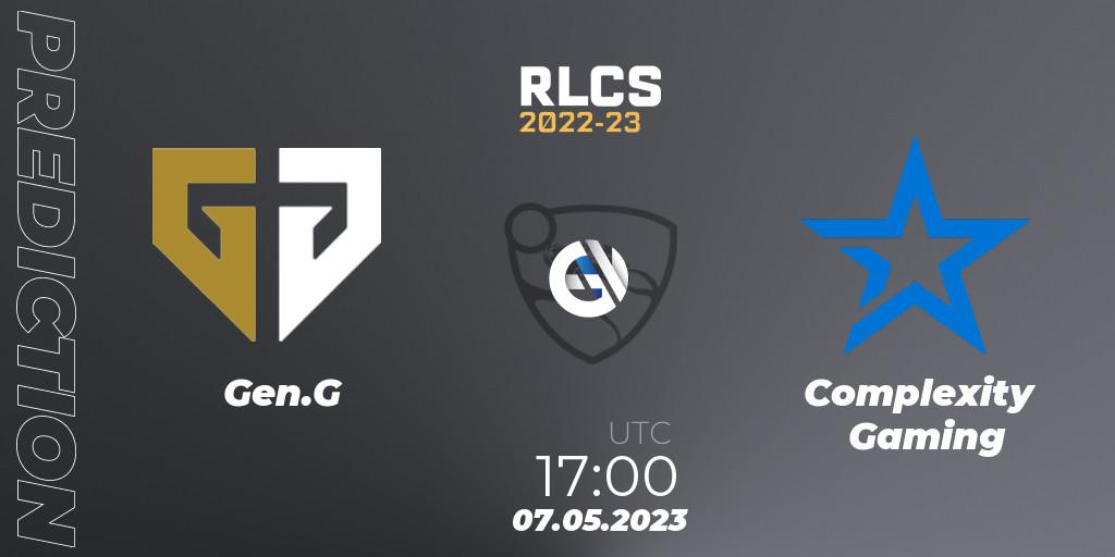 Gen.G vs Complexity Gaming: Betting TIp, Match Prediction. 07.05.2023 at 20:00. Rocket League, RLCS 2022-23 - Spring: North America Regional 1 - Spring Open - Playoffs 