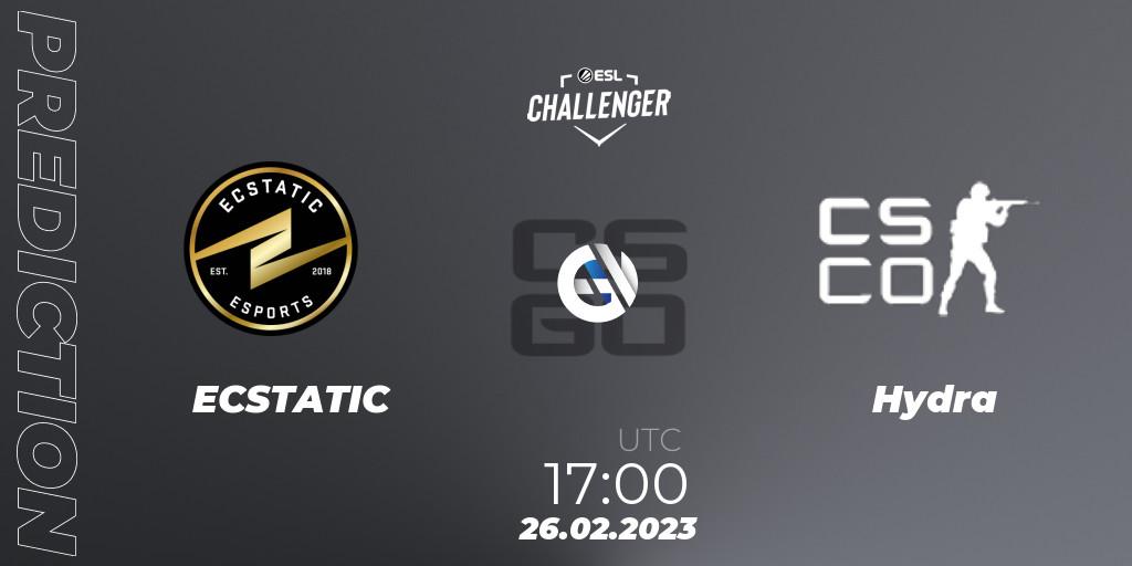 ECSTATIC vs Hydra: Betting TIp, Match Prediction. 26.02.2023 at 17:00. Counter-Strike (CS2), ESL Challenger Melbourne 2023 Europe Open Qualifier
