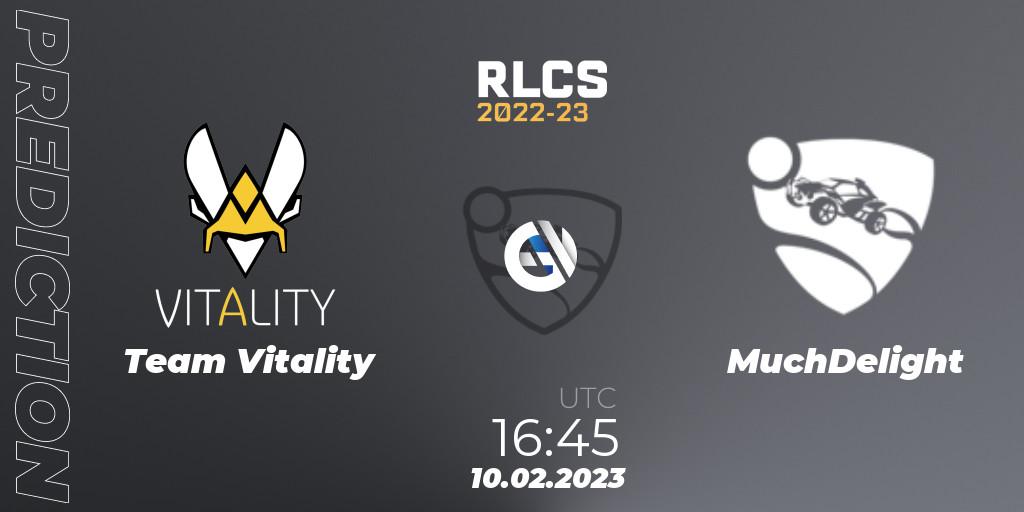 Team Vitality vs MuchDelight: Betting TIp, Match Prediction. 10.02.2023 at 16:45. Rocket League, RLCS 2022-23 - Winter: Europe Regional 2 - Winter Cup
