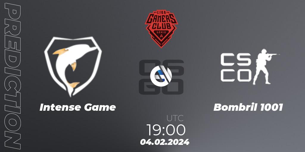 Intense Game vs Bombril 1001: Betting TIp, Match Prediction. 04.02.2024 at 19:00. Counter-Strike (CS2), Gamers Club Liga Série A: January 2024
