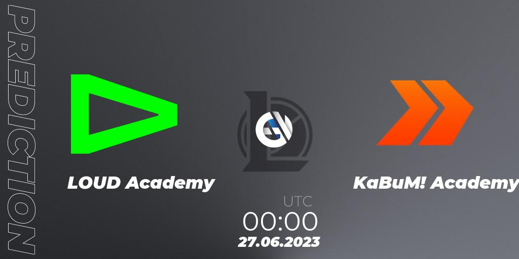 LOUD Academy vs KaBuM! Academy: Betting TIp, Match Prediction. 27.06.2023 at 00:15. LoL, CBLOL Academy Split 2 2023 - Group Stage