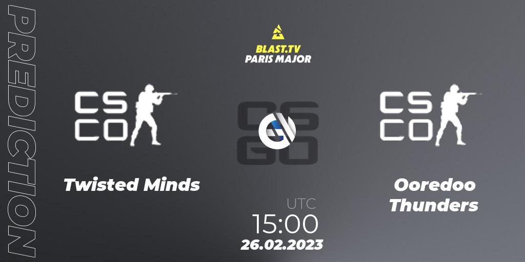 Twisted Minds vs Ooredoo Thunders: Betting TIp, Match Prediction. 26.02.2023 at 15:00. Counter-Strike (CS2), BLAST.tv Paris Major 2023 Middle East RMR Closed Qualifier