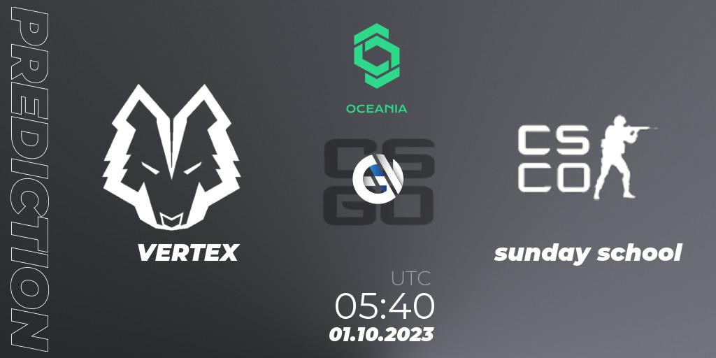 VERTEX vs sunday school: Betting TIp, Match Prediction. 01.10.2023 at 05:15. Counter-Strike (CS2), CCT Oceania Series #2