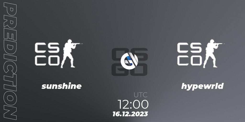 sunshine! vs hypewrld: Betting TIp, Match Prediction. 16.12.2023 at 12:40. Counter-Strike (CS2), kleverr Virsliga Season 1 Finals
