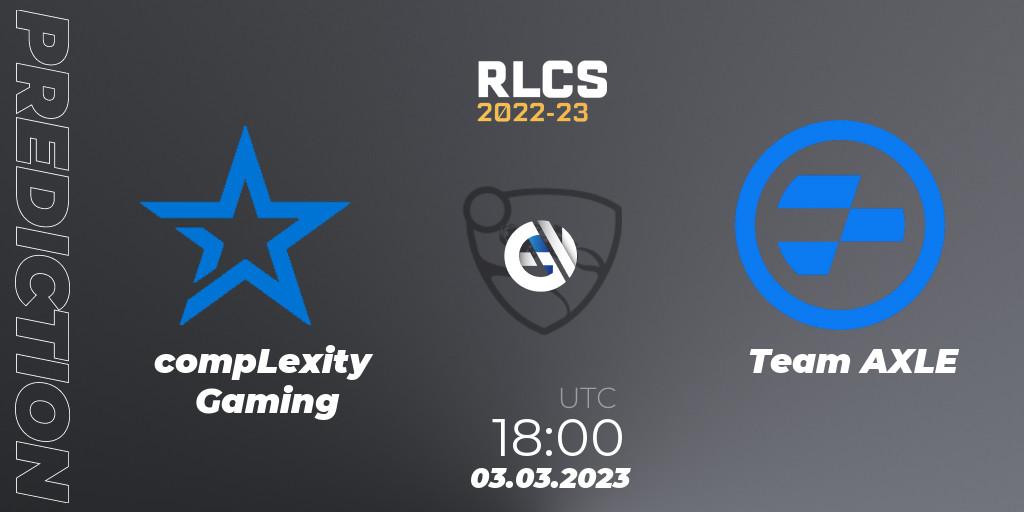 compLexity Gaming vs Team AXLE: Betting TIp, Match Prediction. 03.03.2023 at 18:00. Rocket League, RLCS 2022-23 - Winter: North America Regional 3 - Winter Invitational