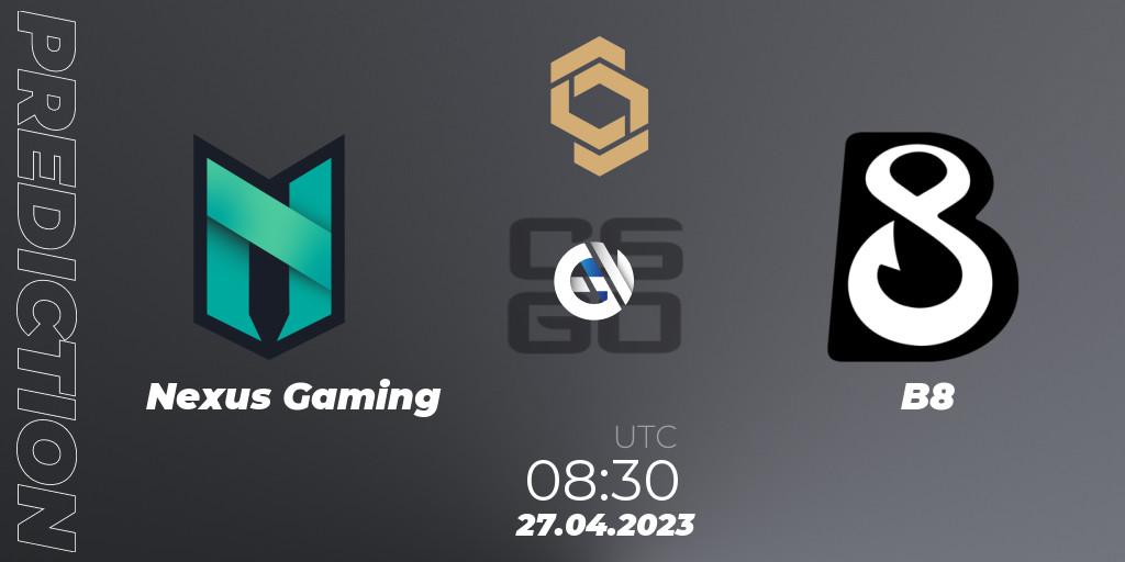 Nexus Gaming vs B8: Betting TIp, Match Prediction. 27.04.2023 at 08:30. Counter-Strike (CS2), CCT South Europe Series #4