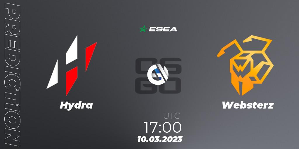 Hydra vs Websterz: Betting TIp, Match Prediction. 10.03.2023 at 17:00. Counter-Strike (CS2), ESEA Season 44: Advanced Division - Europe