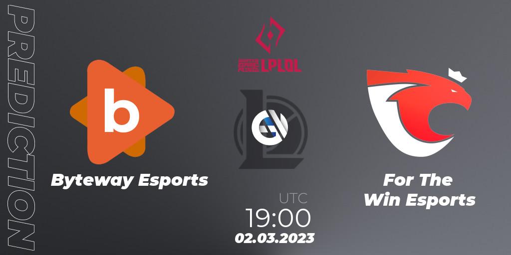 Byteway Esports vs For The Win Esports: Betting TIp, Match Prediction. 02.03.2023 at 19:00. LoL, LPLOL Split 1 2023 - Group Stage