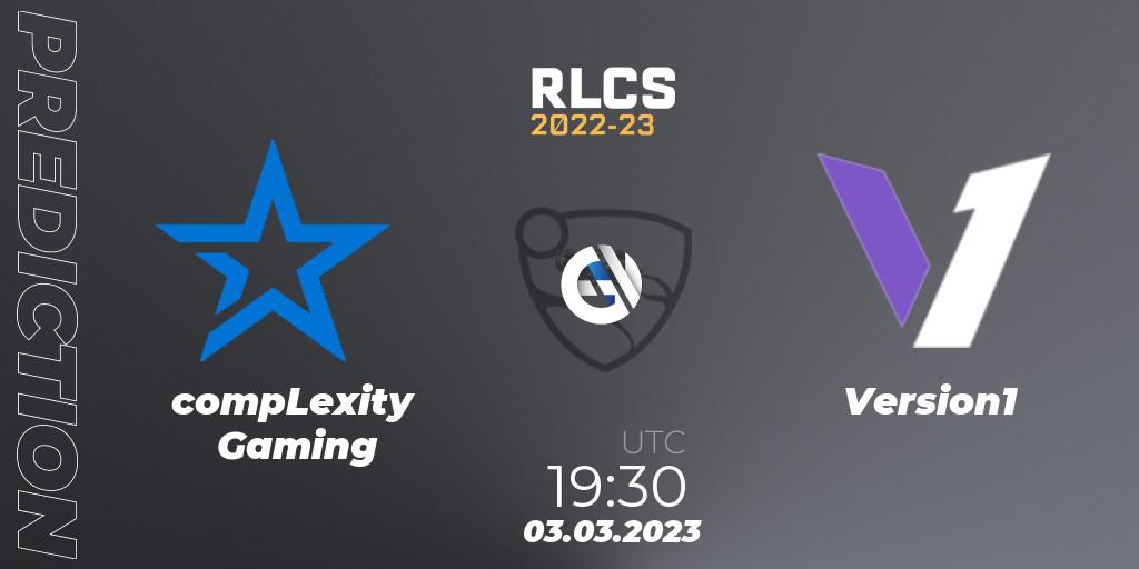 compLexity Gaming vs Version1: Betting TIp, Match Prediction. 03.03.2023 at 19:30. Rocket League, RLCS 2022-23 - Winter: North America Regional 3 - Winter Invitational