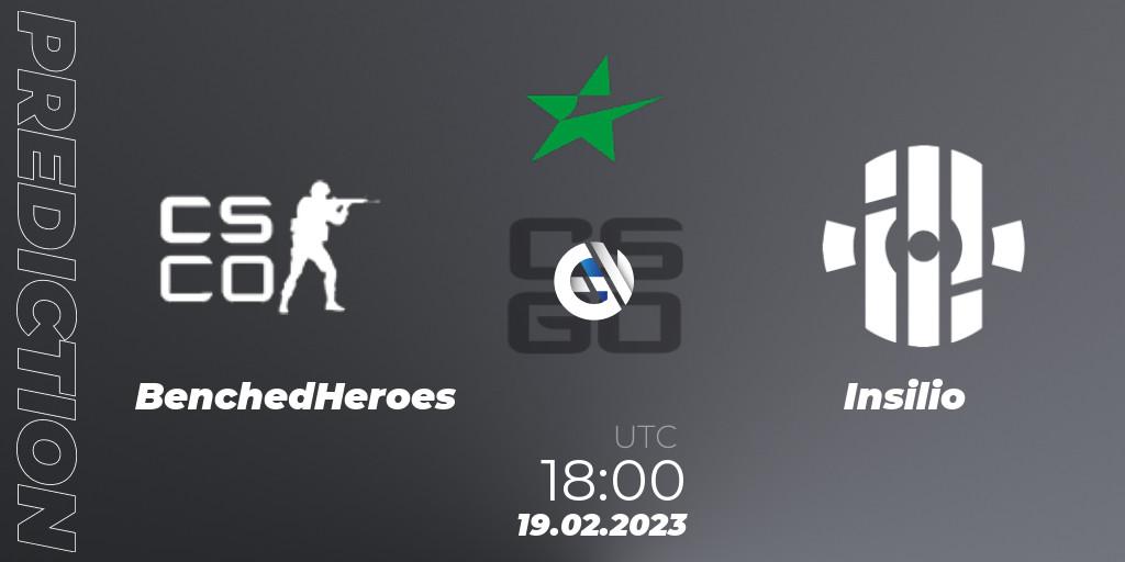 BenchedHeroes vs Insilio: Betting TIp, Match Prediction. 19.02.2023 at 18:00. Counter-Strike (CS2), ESEA Winter 2023 Cash Cup 4 Europe