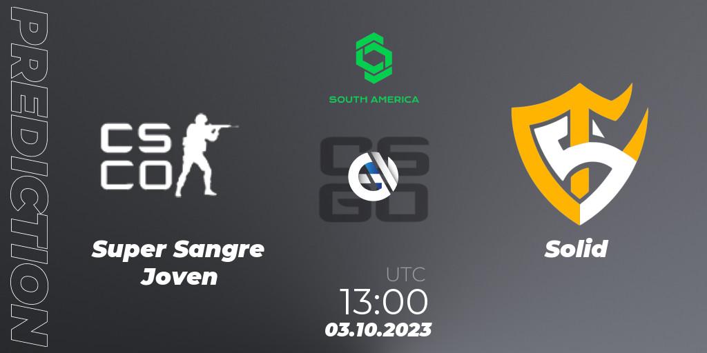 Super Sangre Joven vs Solid: Betting TIp, Match Prediction. 03.10.2023 at 13:00. Counter-Strike (CS2), CCT South America Series #12