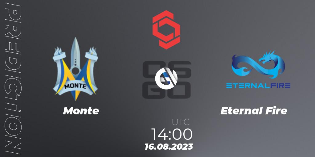 Monte vs Eternal Fire: Betting TIp, Match Prediction. 16.08.2023 at 14:35. Counter-Strike (CS2), CCT Central Europe Series #7
