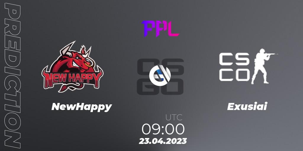 NewHappy vs Exusiai: Betting TIp, Match Prediction. 23.04.2023 at 09:00. Counter-Strike (CS2), Perfect World Arena Premier League Season 4: Challenger Division
