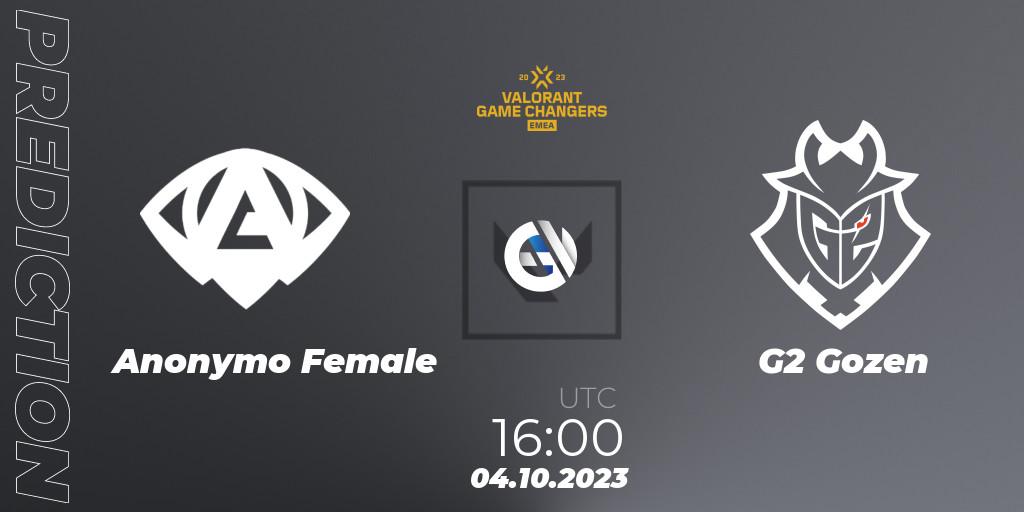 Anonymo Female vs G2 Gozen: Betting TIp, Match Prediction. 04.10.2023 at 16:00. VALORANT, VCT 2023: Game Changers EMEA Stage 3 - Playoffs