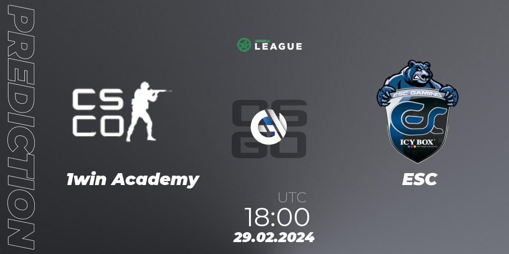 1win Academy vs ESC: Betting TIp, Match Prediction. 29.02.2024 at 18:00. Counter-Strike (CS2), ESEA Season 48: Advanced Division - Europe