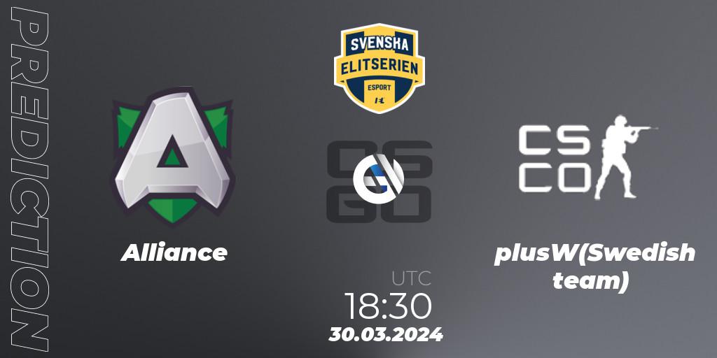 Alliance vs plusW(Swedish team): Betting TIp, Match Prediction. 28.03.24. CS2 (CS:GO), Svenska Elitserien Spring 2024