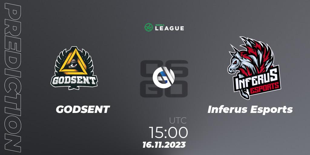 GODSENT vs Inferus Esports: Betting TIp, Match Prediction. 16.11.2023 at 15:00. Counter-Strike (CS2), ESEA Season 47: Advanced Division - Europe