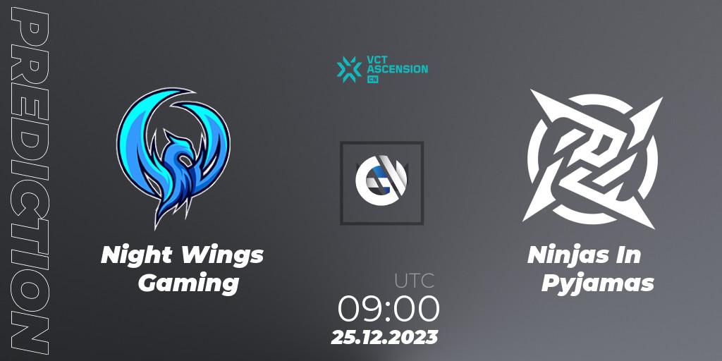 Night Wings Gaming vs Ninjas In Pyjamas: Betting TIp, Match Prediction. 25.12.2023 at 09:00. VALORANT, VALORANT China Ascension 2023