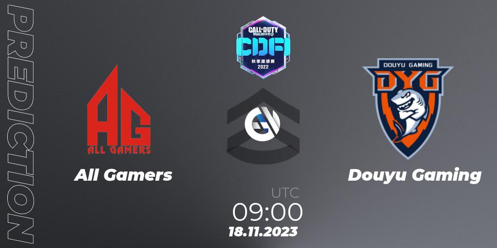 All Gamers vs Douyu Gaming: Betting TIp, Match Prediction. 18.11.2023 at 09:00. Call of Duty, CODM Fall Invitational 2023