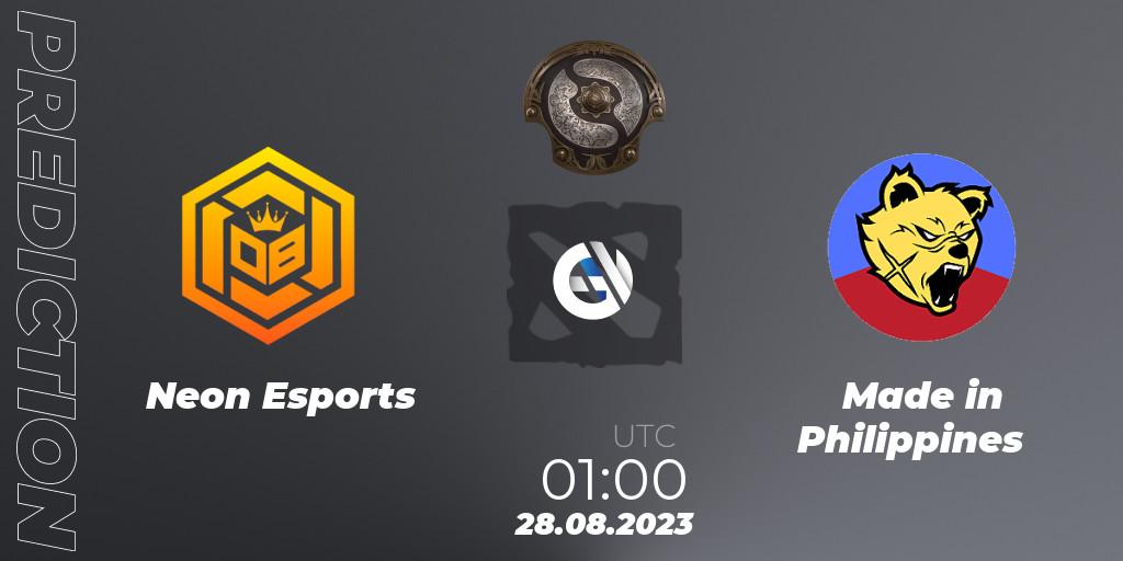 Neon Esports vs Made in Philippines: Betting TIp, Match Prediction. 28.08.2023 at 01:02. Dota 2, The International 2023 - Southeast Asia Qualifier